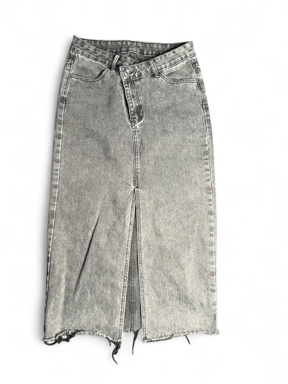Charcoal Gray Acid Wash Denim Maxi Skirt Front Slit Raw Hem Size M